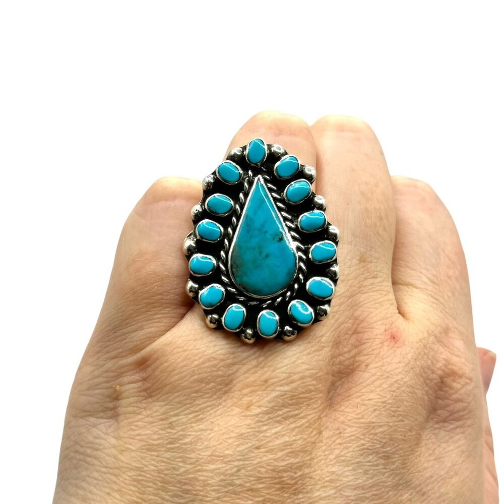MWS Mexico Sterling Silver Turquoise Teardrop Ring Size 7 Southwestern Statement